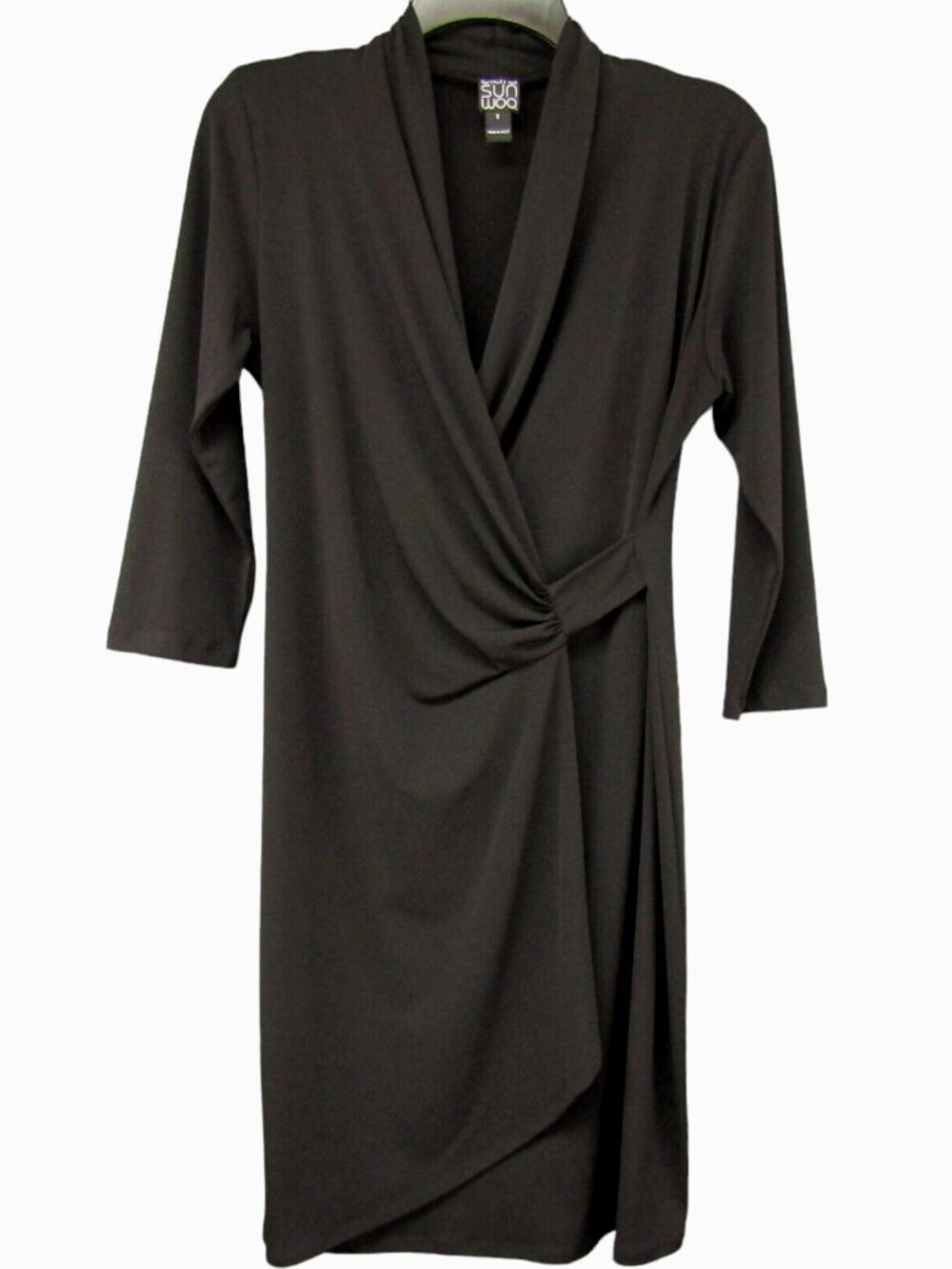 Clara Sun Woo Black Faux Wrap Knit Dress Womens Size S Stretch 3/4 Sleeve Flaw
